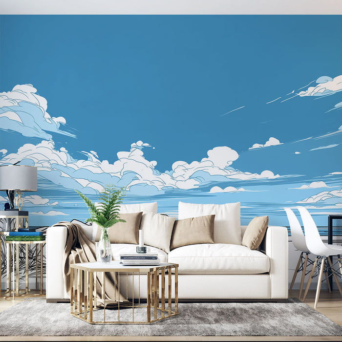 Un salon moderne avec un papier peint bleu ciel illustrant des nuages blancs, créant une atmosphère aérienne et apaisante.