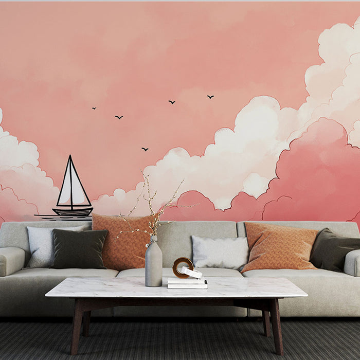 Un salon moderne avec un papier peint aux teintes roses représentant des nuages doux et un voilier stylisé, créant une ambiance apaisante et rêveuse.