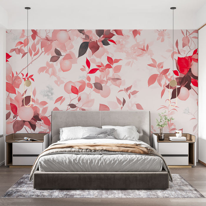 Une chambre moderne avec un papier peint floral aux teintes douces de rose et de rouge, créant une atmosphère chaleureuse et romantique.