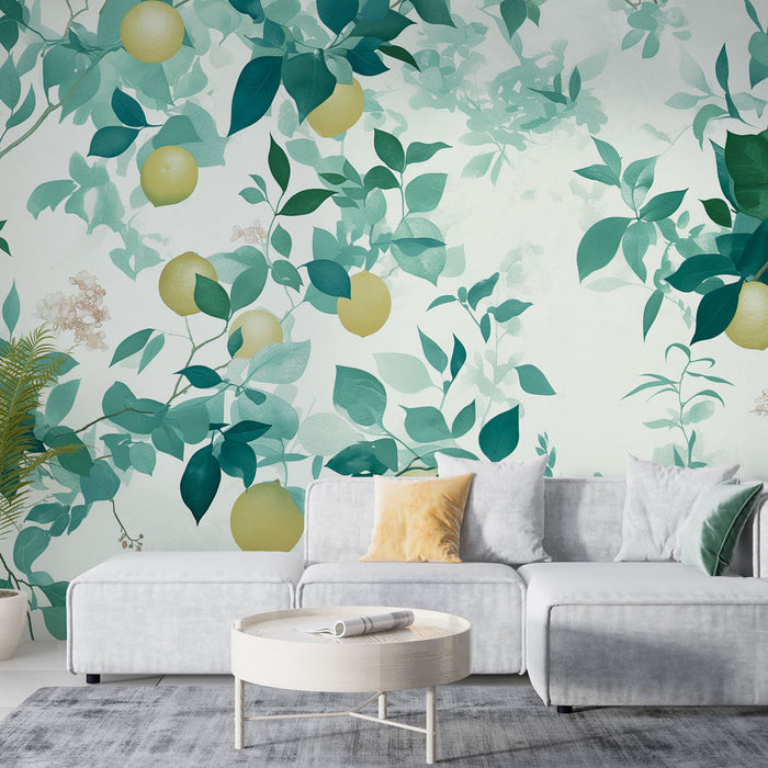 Un salon moderne avec un papier peint tropical aux motifs de feuilles vertes et de citrons jaunes sur fond clair, créant une ambiance fraîche et vivifiante.