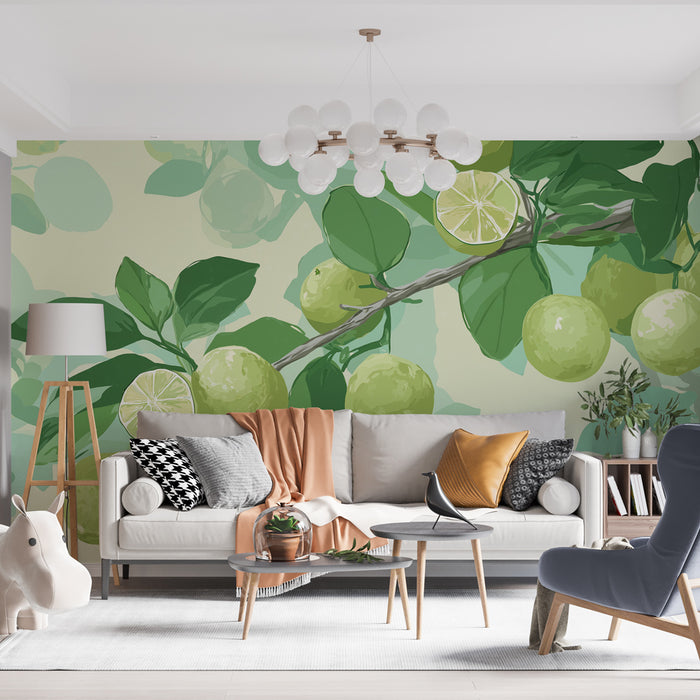 Un salon lumineux avec un papier peint tropical représentant des citrons et des feuilles vertes sur fond clair, créant une atmosphère fraîche et vivifiante.