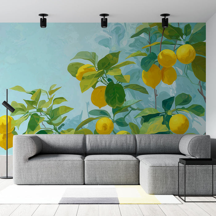 Un salon moderne avec un papier peint tropical représentant des citronniers aux fruits jaunes éclatants sur fond bleu, créant une ambiance fraîche et vivifiante.
