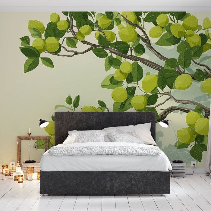 Une chambre lumineuse avec un papier peint représentant des branches de citronniers aux fruits jaunes et aux feuilles vertes, créant une ambiance fraîche et naturelle.