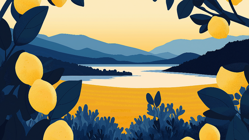 Papier peint citronniers Paysage stylisé avec citronniers et montagnes