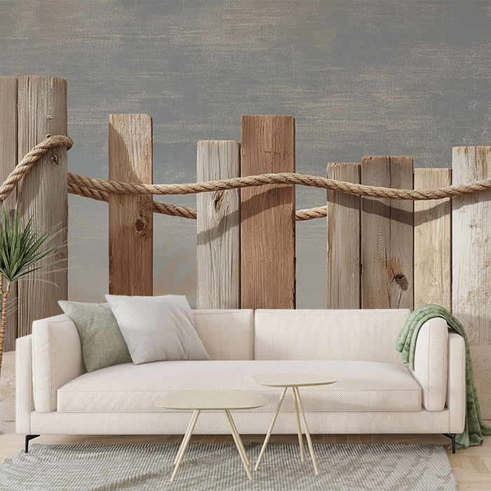 Un salon moderne avec un papier peint imitant des planches de bois aux teintes naturelles, créant une atmosphère chaleureuse et rustique.