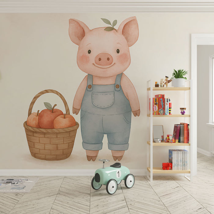 Une chambre d'enfant avec un papier peint illustrant un cochon souriant en salopette bleue, accompagné d'un panier de pommes, créant une ambiance joyeuse et ludique.