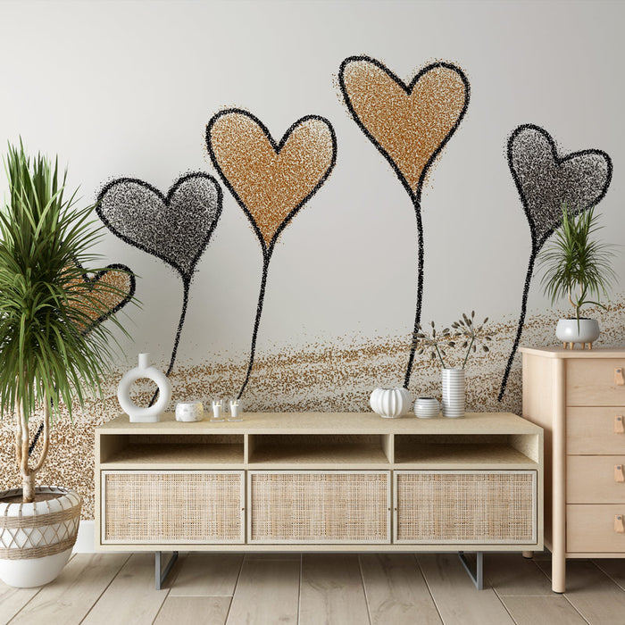 Une pièce moderne avec un papier peint artistique représentant des cœurs stylisés en noir et doré sur un fond clair, créant une ambiance chaleureuse et joyeuse.