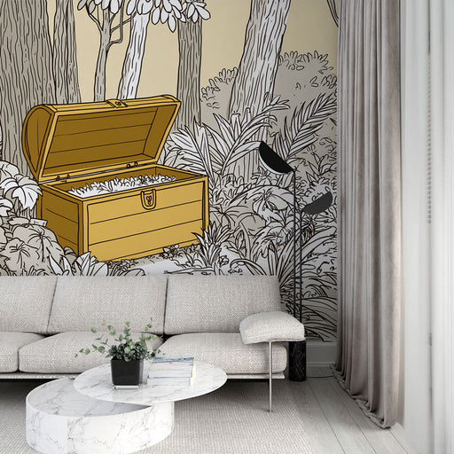 Un salon moderne avec un papier peint illustratif représentant un coffre au trésor doré entouré de feuillages monochromes, créant une ambiance ludique et imaginative.