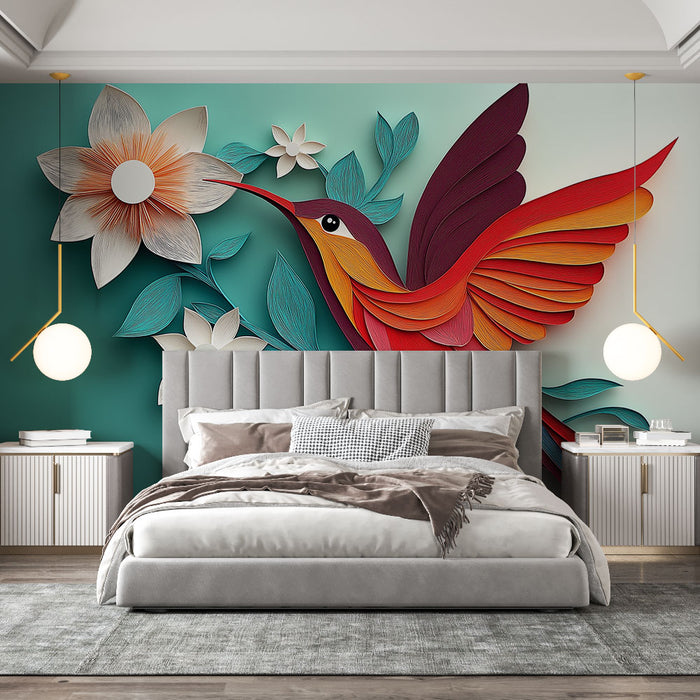 Papier peint colibri coloré avec fleurs en papier découpé pour chambre moderne