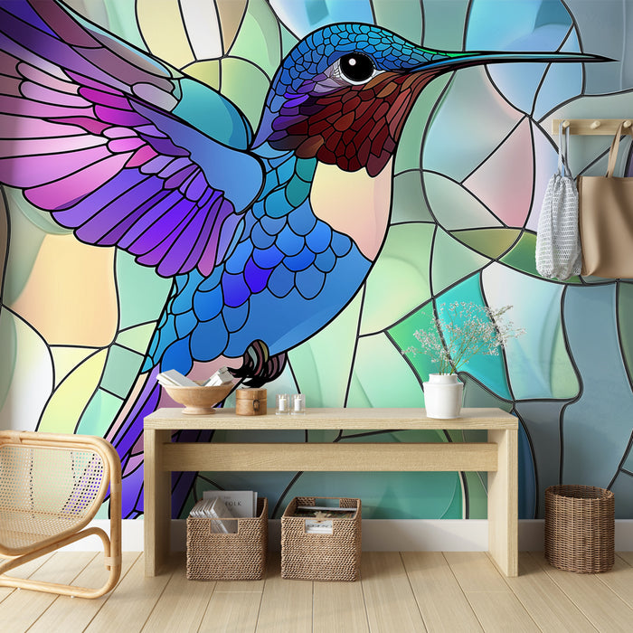 Papier peint colibri coloré sur fond de vitrail abstrait pour décoration murale moderne.