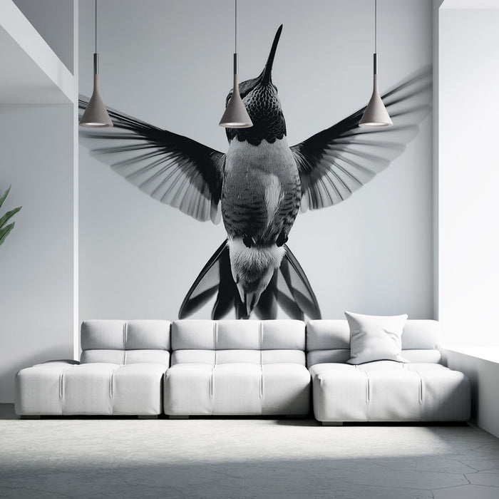 Papier peint colibri en vol noir et blanc pour salon moderne élégant