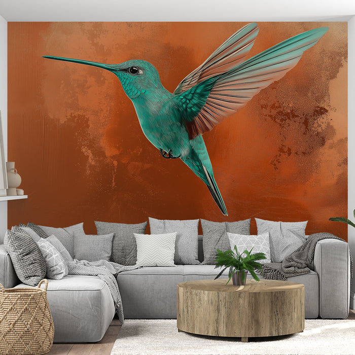 Papier peint colibri turquoise sur fond cuivre pour salon moderne et élégant