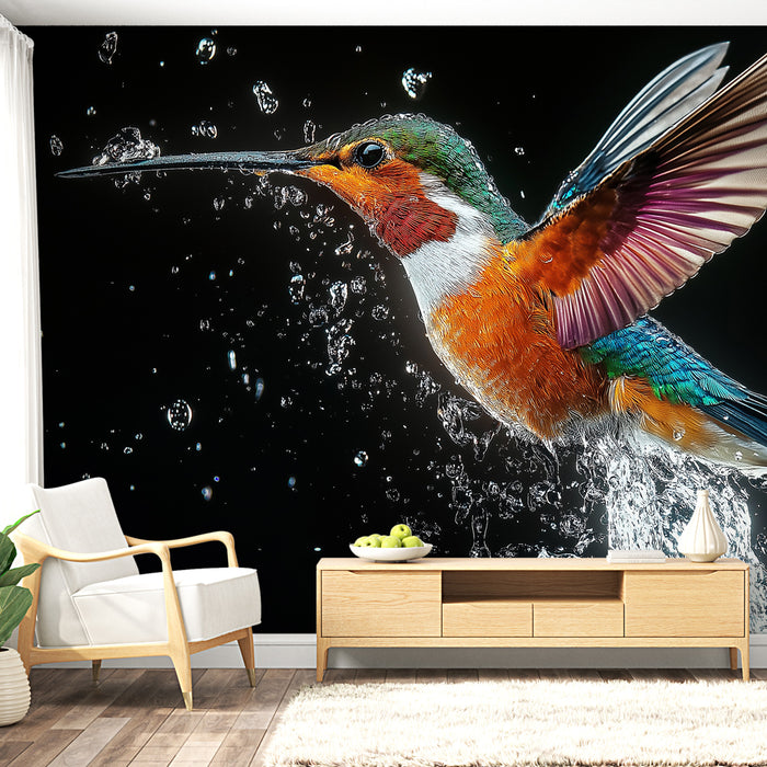 Papier peint colibri vibrant avec éclaboussures d'eau pour salon moderne et élégant