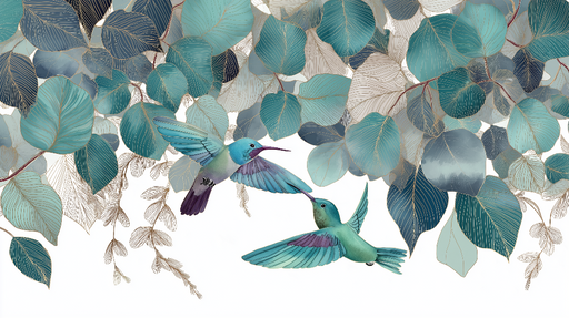 Papier peint colibri Des colibris virevoltants parmi des feuilles délicates