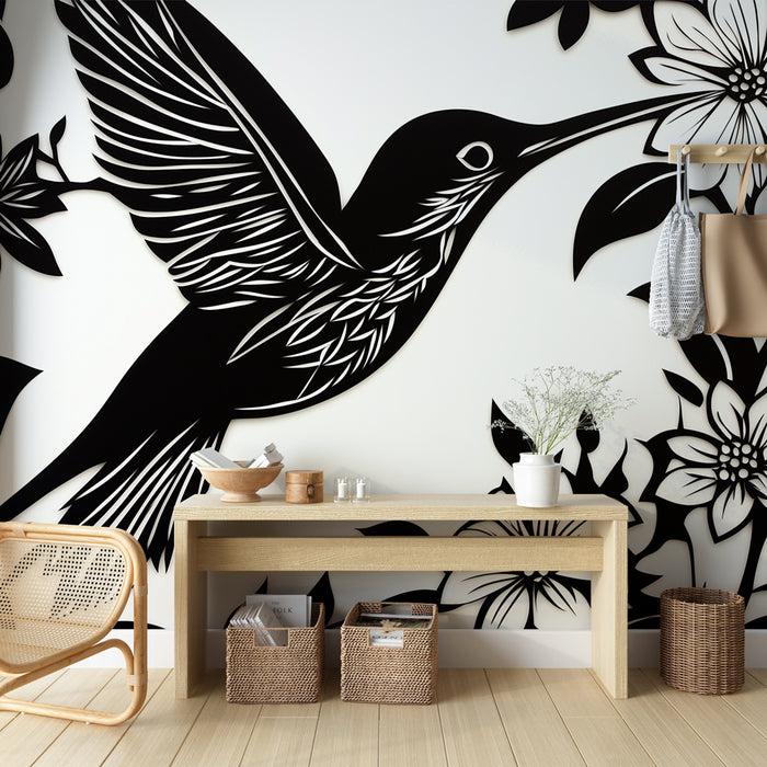 Papier peint design élégant noir et blanc avec colibris et fleurs pour décoration murale moderne.