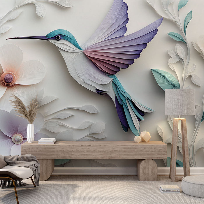 Papier peint colibri élégant avec motif de colibri entouré de fleurs délicates pour salon moderne.