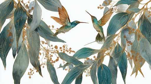 Papier peint colibri Élégants colibris entourés de feuilles aquatiques