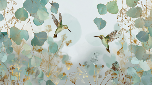 Papier peint colibri et feuillage Colibris délicats au milieu de feuilles aquatiques