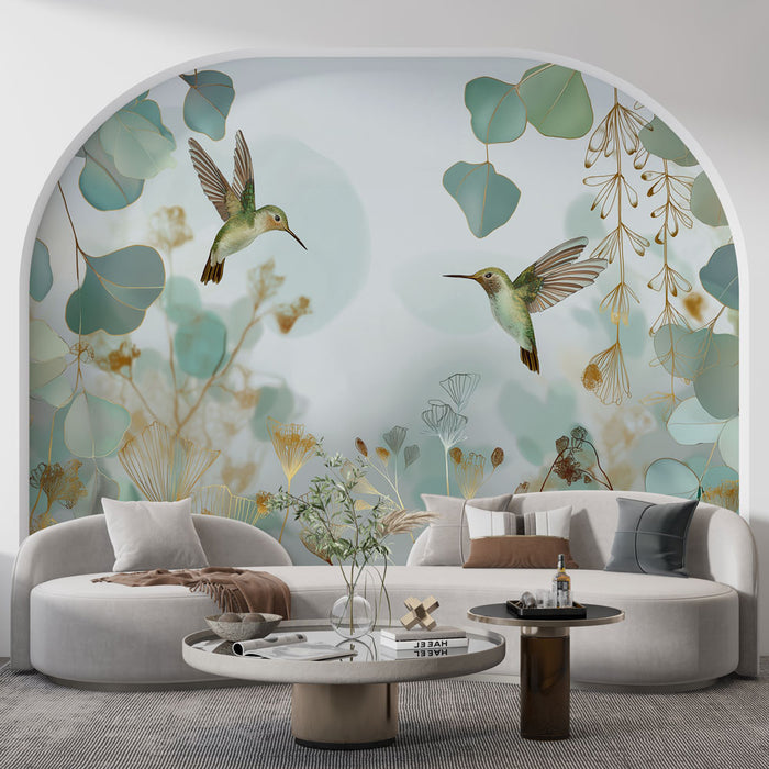Un salon moderne avec un papier peint représentant des colibris et des feuillages délicats dans des teintes douces de vert et or, créant une atmosphère apaisante et naturelle.