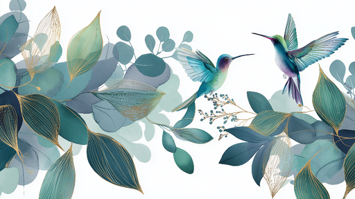 Papier peint colibri et feuillage Un jardin suspendu avec des colibris colorés et des feuilles délicates