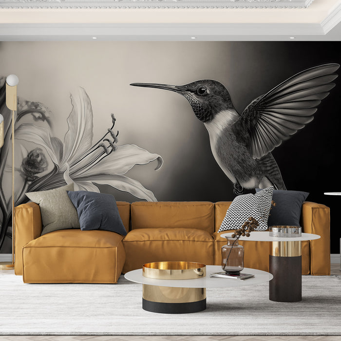 Papier peint monochrome colibri et fleur élégante pour salon moderne