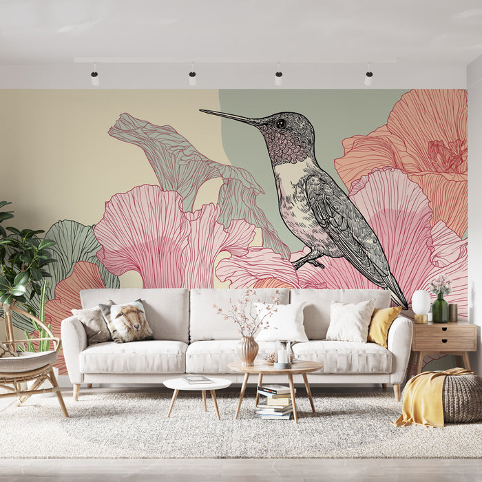 Une salle de séjour moderne avec un papier peint illustrant un colibri délicatement dessiné parmi de grandes fleurs aux teintes pastel, créant une ambiance artistique et fraîche.