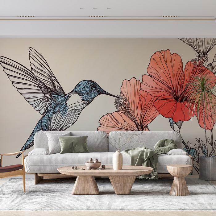 Une pièce moderne avec un papier peint illustrant un colibri stylisé en bleu et des fleurs rouges aux contours délicats, créant une atmosphère vivante et artistique.