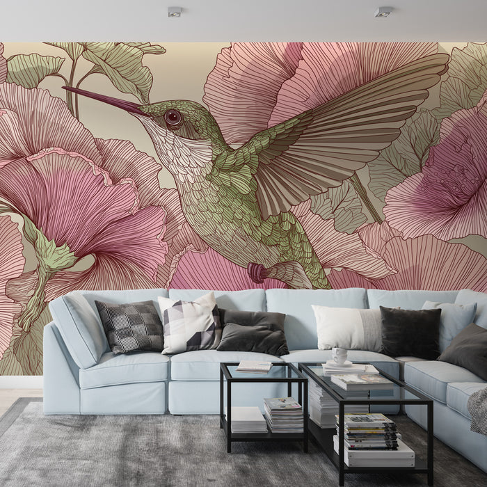 Un salon moderne avec un papier peint illustrant un colibri vibrant entouré de grandes fleurs roses, créant une ambiance chaleureuse et artistique.