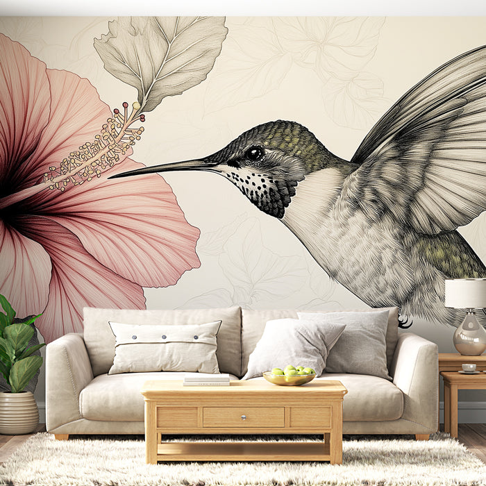 Papier peint colibri et hibiscus avec illustrations détaillées d'un oiseau coloré et d'une fleur tropicale pour salon élégant.