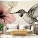 Papier peint colibri et hibiscus avec illustrations détaillées d'un oiseau coloré et d'une fleur tropicale pour salon élégant.