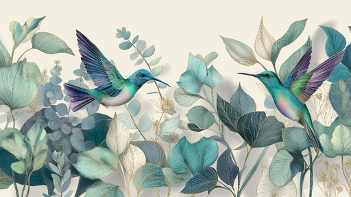 Papier peint colibri Habillage de feuilles délicates et vol d'oiseaux colorés