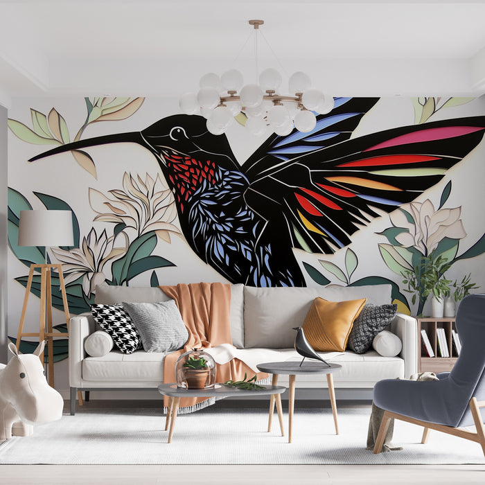 Papier peint artistique colibri coloré sur fond floral pour salon moderne
