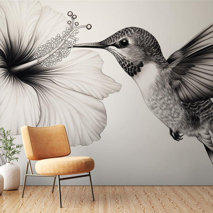 Papier peint colibri avec illustration délicate d'un colibri et d'une fleur d'hibiscus pour décoration murale élégante.