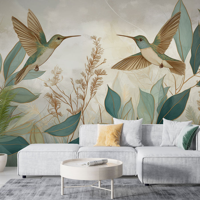 Un salon moderne avec un papier peint illustrant des colibris colorés entourés de feuillages délicats, créant une ambiance naturelle et apaisante.