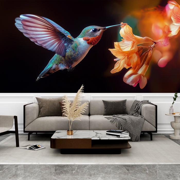 Papier peint colibri vibrant avec colibri butinant une fleur pour salon moderne