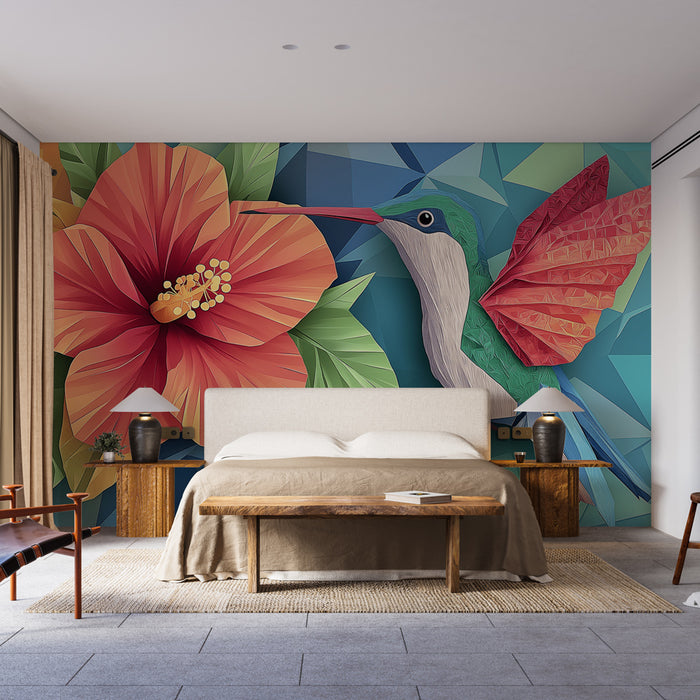 Papier peint colibri coloré avec motif de fleurs d'hibiscus en relief pour chambre moderne
