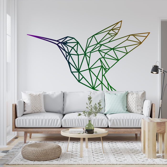 Papier peint colibri avec motif géométrique coloré pour salon moderne.