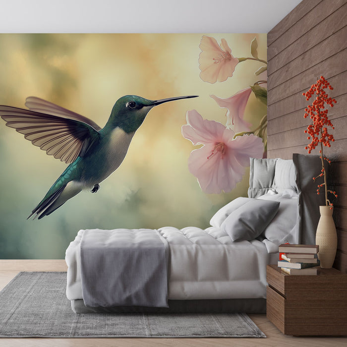 Papier peint colibri vibrant avec fleurs délicates pour chambre moderne