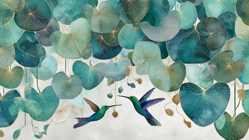 Papier peint colibris et feuilles aquatiques Doux paysage de colibris entrelacés avec des feuilles délicates