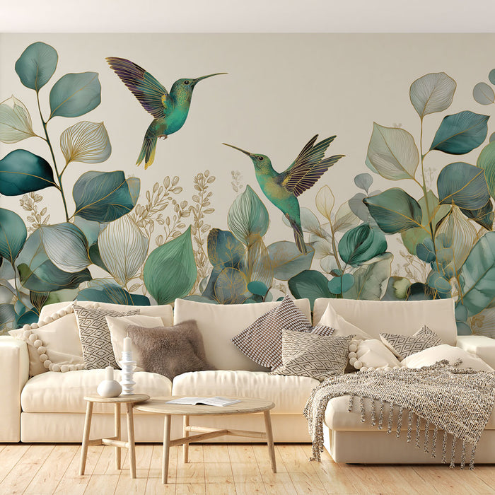 Un salon lumineux avec un papier peint tropical représentant des colibris et de grandes feuilles vertes, créant une ambiance naturelle et apaisante.