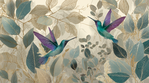 Papier peint colibris Magnifiques colibris sur un fond de feuilles élégantes