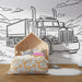 Papier peint coloriage camion sur route de campagne pour chambre enfant.