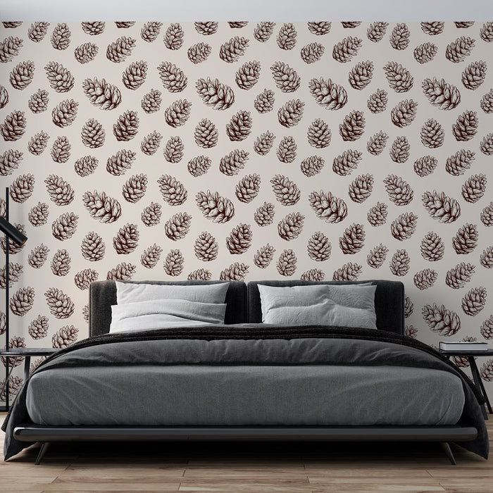 Une chambre moderne avec un papier peint aux motifs de pommes de pin brunes sur fond clair, créant une atmosphère chaleureuse et naturelle.