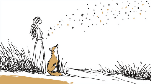 Papier peint conte féerique Une femme et un renard sous un ciel étoilé