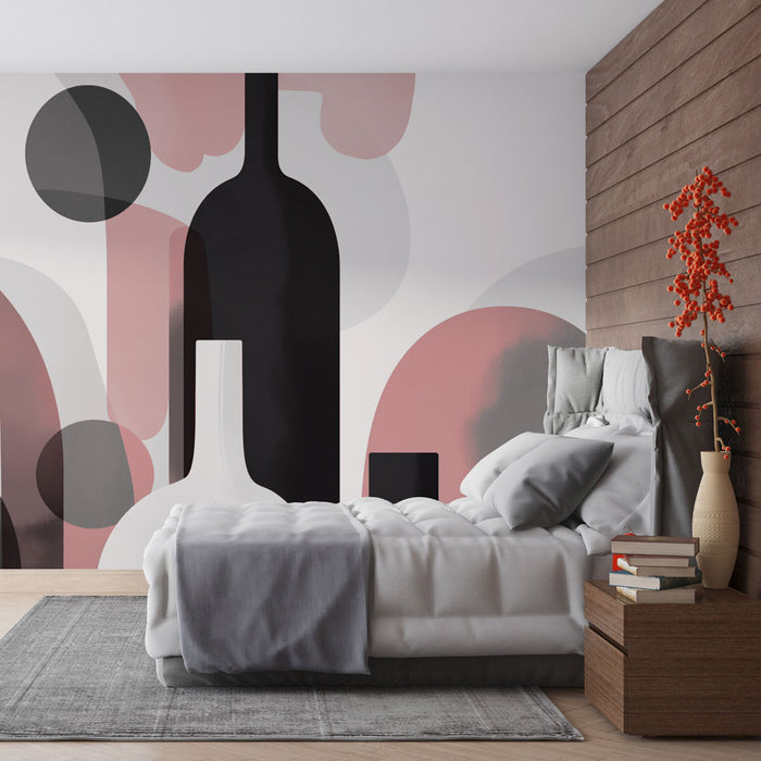 Une chambre moderne avec un papier peint abstrait aux formes organiques en noir, rose et gris, créant une atmosphère artistique et contemporaine.