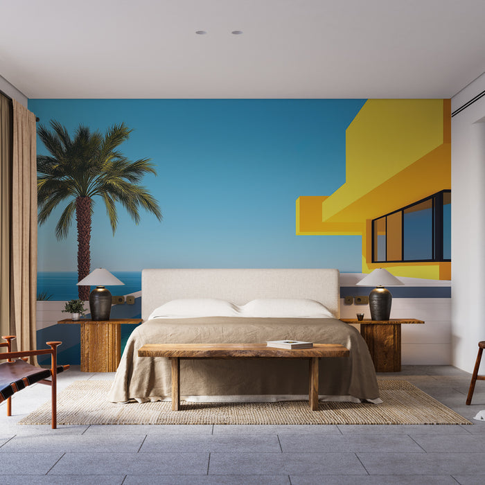 Une chambre moderne avec un papier peint graphique représentant un paysage ensoleillé, mêlant des teintes vives de bleu et de jaune, évoquant une atmosphère estivale et relaxante.