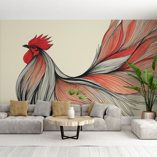 Un salon contemporain avec un papier peint illustrant un coq stylisé aux plumes rouges et noires sur fond beige, créant une ambiance vivante et artistique.