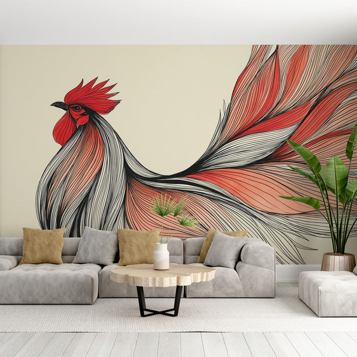 Un salon contemporain avec un papier peint illustrant un coq stylisé aux plumes rouges et noires sur fond beige, créant une ambiance vivante et artistique.