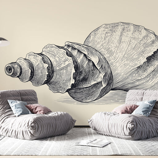 Une pièce moderne avec un papier peint illustrant un grand coquillage en noir et blanc, créant une ambiance artistique et marine.