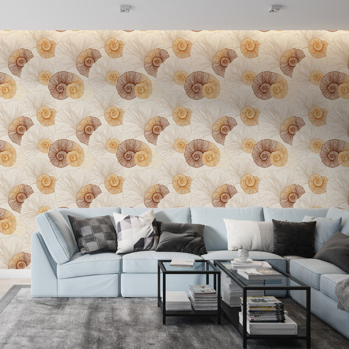 Un salon moderne avec un papier peint représentant des coquillages aux teintes beige et brune, créant une ambiance naturelle et apaisante.